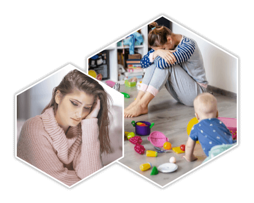 frustrations of every day life - a woman and a mother with small child with toys on the floor